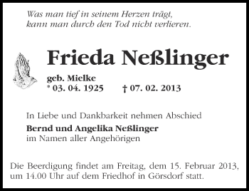 Traueranzeige von Frieda Neßlinger von Märkische Oderzeitung