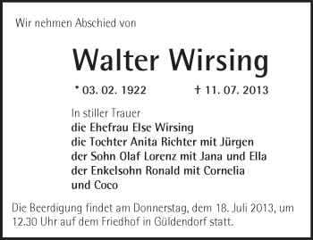 Traueranzeige von Walter Wirsing von Märkische Oderzeitung