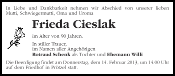 Traueranzeige von Frieda Cieslak von Märkische Oderzeitung