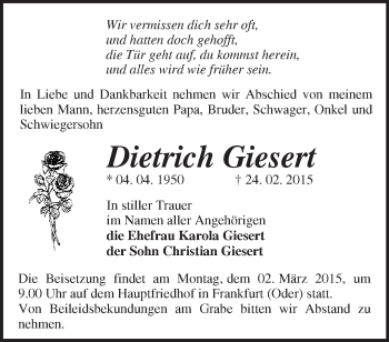 Traueranzeige von Dietrich Giesert von Märkische Oderzeitung