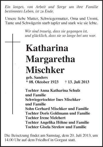 Traueranzeige von Katharina Mischker von Märkische Oderzeitung