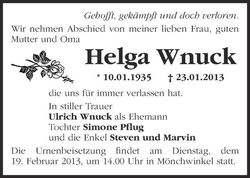  Traueranzeige für Helga Wnuck vom 13.02.2013 aus Märkische Oderzeitung