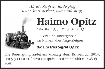 Traueranzeige von Haimo Opitz von Märkische Oderzeitung