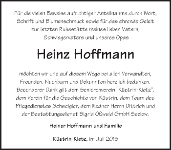 Traueranzeige von Heinz Hoffmann von Märkische Oderzeitung