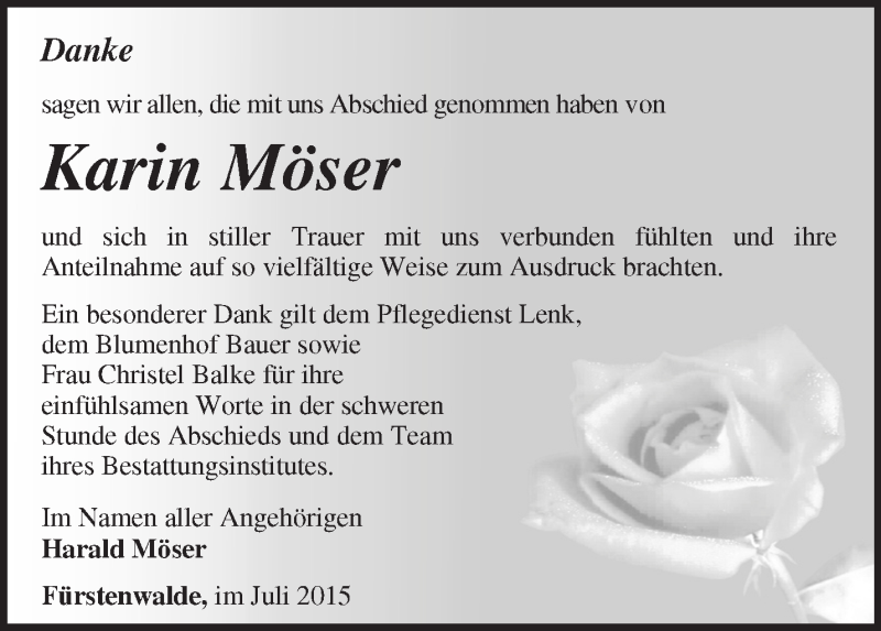  Traueranzeige für Karin Möser vom 04.07.2015 aus Märkische Oderzeitung