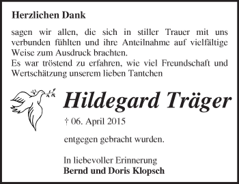 Traueranzeige von Hildegard Träger von Märkische Oderzeitung