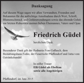 Traueranzeige von Friedrich Güdel von Märkische Oderzeitung