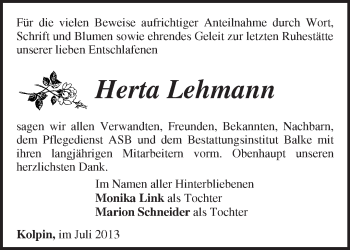 Traueranzeige von Herta Lehmann von Märkische Oderzeitung