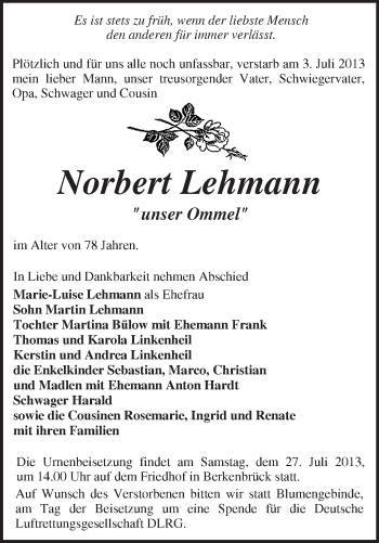 Traueranzeige von Norbert Lehmann von Märkische Oderzeitung