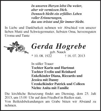 Traueranzeige von Gerda Hogrebe von Märkische Oderzeitung