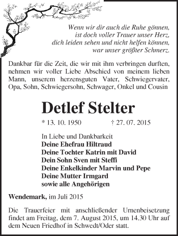 Traueranzeige von Detlef Stelter von Märkische Oderzeitung