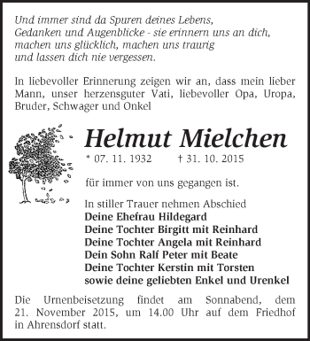 Traueranzeige von Helmut Mielchen von Märkische Oderzeitung