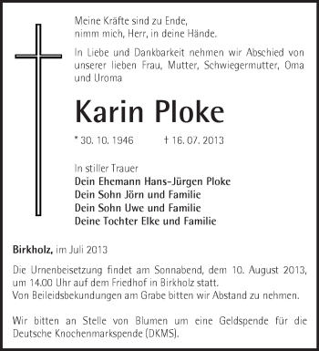 Traueranzeige von Karin Ploke von Märkische Oderzeitung