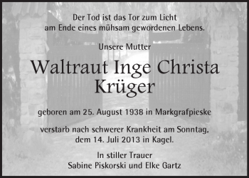 Traueranzeige von Waltraut Inge Christa Krüger von Märkische Oderzeitung