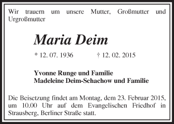 Traueranzeige von Maria Deim von Märkische Oderzeitung