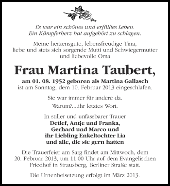 Traueranzeige von Martina Taubert von Märkische Oderzeitung