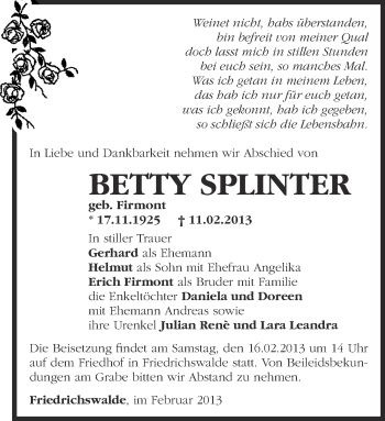 Traueranzeige von Betty Splinter von Märkische Oderzeitung