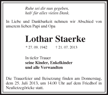 Traueranzeige von Lothar Staerke von Märkische Oderzeitung