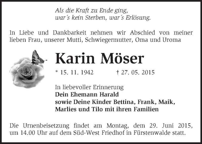  Traueranzeige für Karin Möser vom 20.06.2015 aus Märkische Oderzeitung