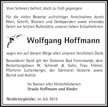 Traueranzeige von Wolfgang Hoffmann von Märkische Oderzeitung