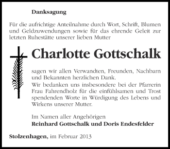 Traueranzeige von Charlotte Gottschalk von Märkische Oderzeitung