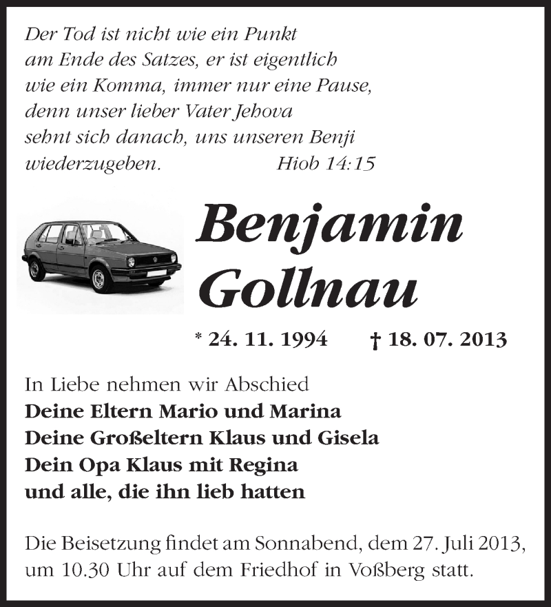  Traueranzeige für Benjamin Gollnau vom 25.07.2013 aus Märkische Oderzeitung