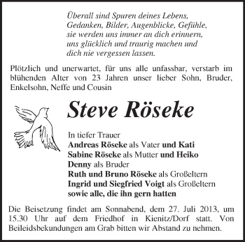 Traueranzeige von Steve Röseke von Märkische Oderzeitung