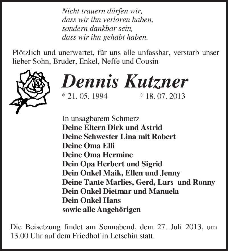  Traueranzeige für Dennis Kutzner vom 25.07.2013 aus Märkische Oderzeitung