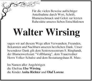 Traueranzeige von Walter Wirsing von Märkische Oderzeitung