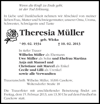 Traueranzeige von Theresia Müller von Märkische Oderzeitung