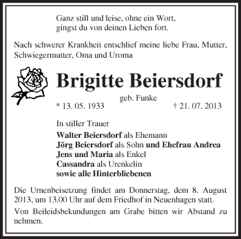 Traueranzeige von Brigitte Beiersdorf von Märkische Oderzeitung