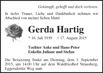 Traueranzeige von Gerda Hartig von Märkische Oderzeitung