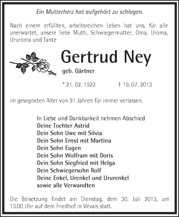 Traueranzeige von Gertrud Ney von Märkische Oderzeitung