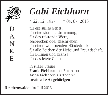 Traueranzeige von Gabi Eichhorn von Märkische Oderzeitung