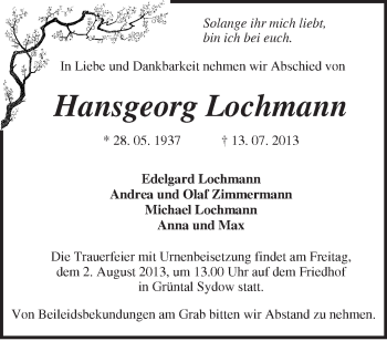 Traueranzeige von Hansgeorg Lochmann von Märkische Oderzeitung