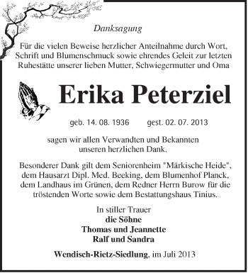 Traueranzeige von Erika Peterziel von Märkische Oderzeitung