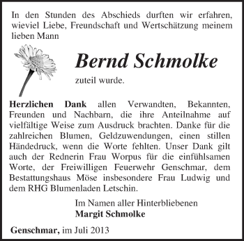 Traueranzeige von Bernd Schmolke von Märkische Oderzeitung