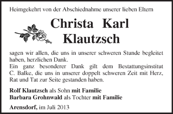 Traueranzeige von Christa und Karl Klautzsch von Märkische Oderzeitung