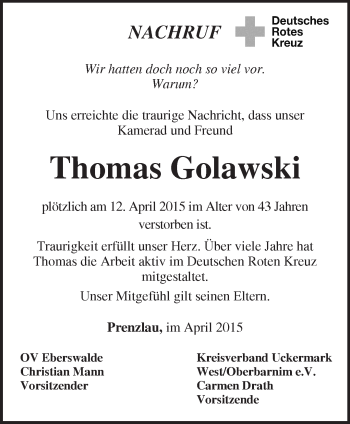 Traueranzeige von Thomas Golawski von Märkische Oderzeitung