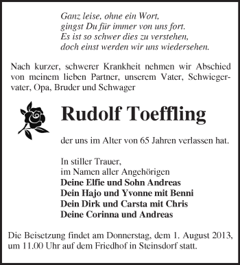 Traueranzeige von Rudolf Toeffling von Märkische Oderzeitung