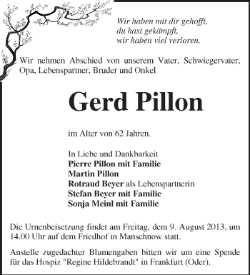 Traueranzeige von Gerd Pillon von Märkische Oderzeitung