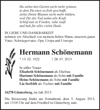 Traueranzeige von Hermann Schönemann von Märkische Oderzeitung