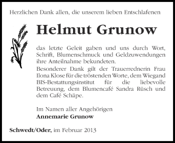 Traueranzeige von Helmut Grunow von Märkische Oderzeitung