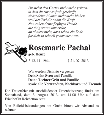 Traueranzeige von Rosemarie Pachal von Märkische Oderzeitung