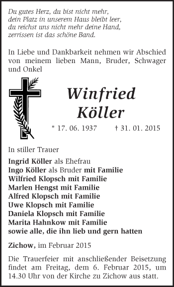 Traueranzeige von Winfried Köller von Märkische Oderzeitung