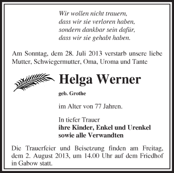 Traueranzeige von Helga Werner von Märkische Oderzeitung