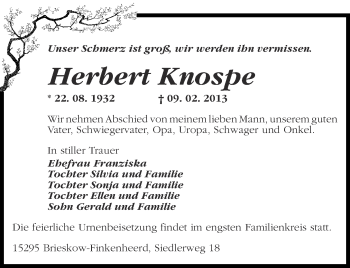 Traueranzeige von Herbert Knospe von Märkische Oderzeitung