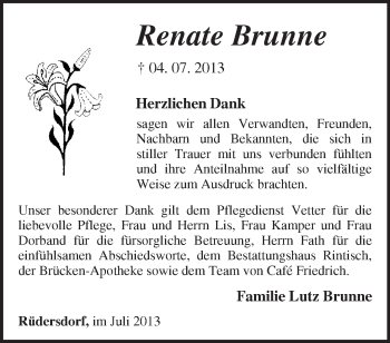 Traueranzeige von Renate Brunne von Märkische Oderzeitung