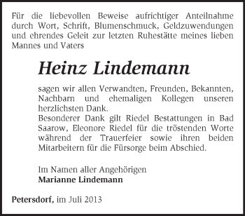 Traueranzeige von Heinz Lindemann von Märkische Oderzeitung