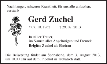 Traueranzeige von Gerd Zuchel von Märkische Oderzeitung